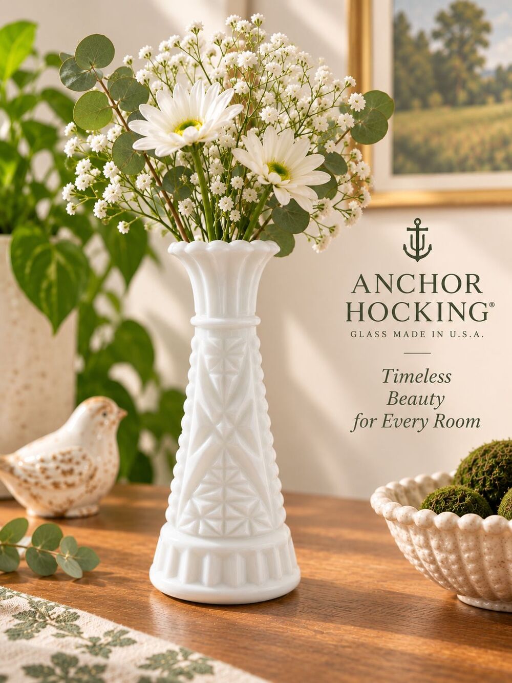 Anchor Hocking White Milk Glass Bud Vase 6" Vintage Style Floral Pattern USA